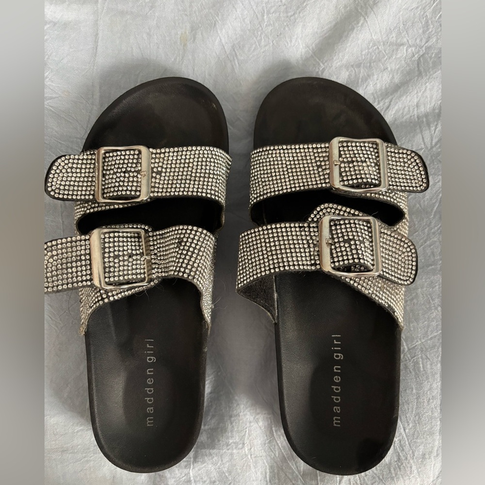 Madden Girl Black Slide Sandals with Silver Rhinestone Buckles